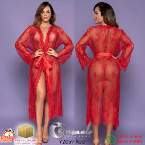 Robe Luxo Longo em Renda e Tule Y2059-Vermelho